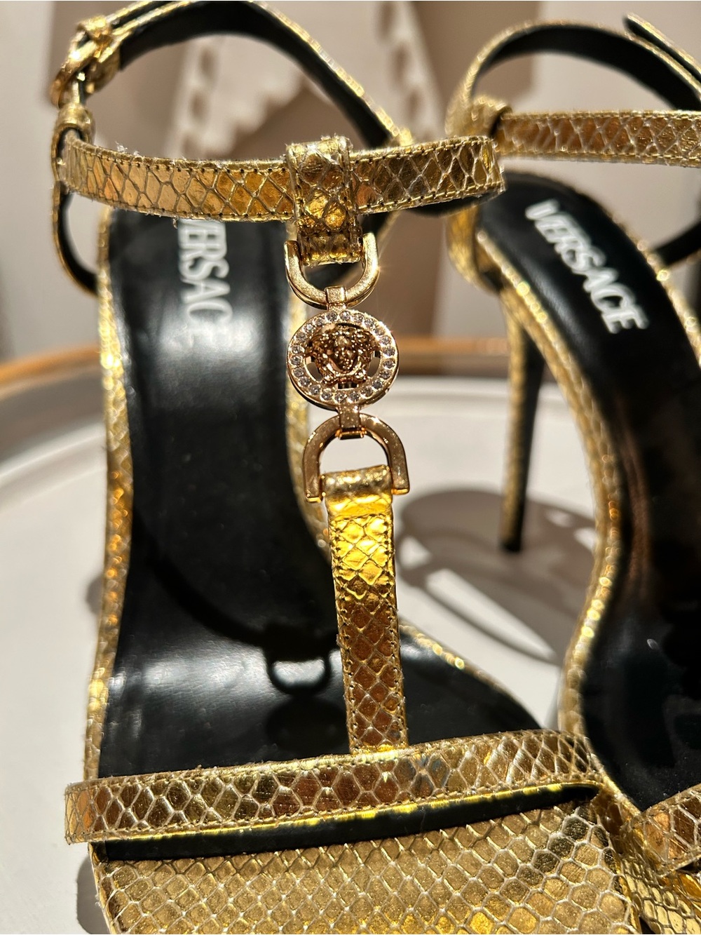 Versace Gold Medusa '95 Metallic Heeled Sandals, T-Strap Platform Heels.